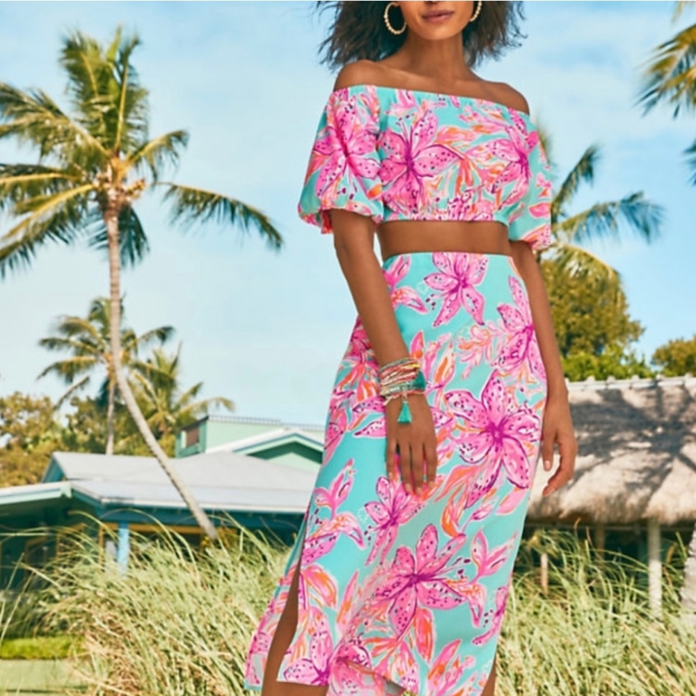 LILLY PULITZER  Set Surf Blue Bonita Blooms Skirt Puff Sleeve
